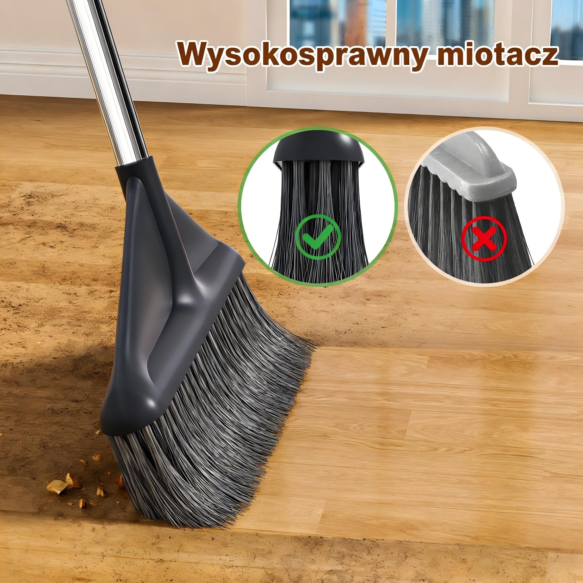 MOPUP Zestaw miotły i szufelki z długim trzonkiem, wersja pionowa, nadaje się do czyszczenia podłóg, do użytku wewnątrz i na zewnątrz, uchwyt 125 cm, kolor szary.