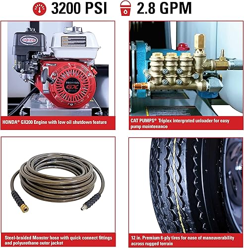 Miniatura 2 de SIMPSON Cleaning 95000, sistema de lavado a presión a gas, móvil, con motor comercial Honda y remolque, Honda GX200 - 3200 PSI