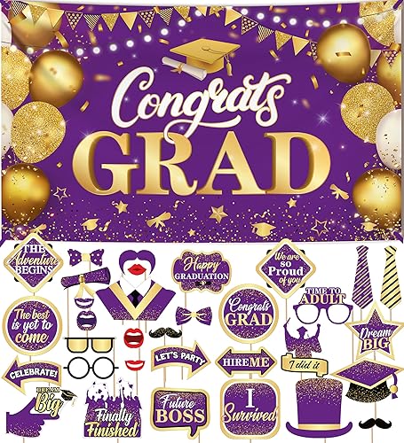 KatchOn, Accesorios morados para cabina de fotos de graduación 2023  Paquete de 33 con decoración de pancarta de graduación morada  72 x 44