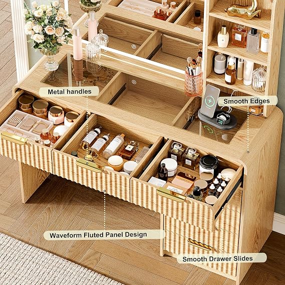 47Makeup Vanity Desk with Mirror and Lights, Vanity Desk with 7 Drawers & Storage Shelves, Vanity Table with Power Outlet, 3 Color Modes & Adjustable Brightness Dressing Table, Bedroom,Wood