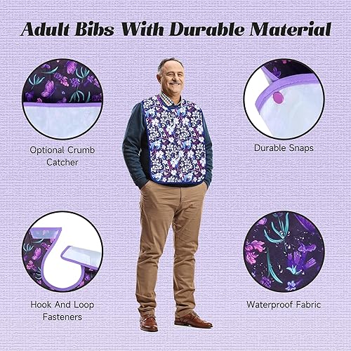 Miniatura 3 de Baberos para adultos, 3 piezas, protectores de ropa lavables con atrapasamigas, baberos para adultos para mujeres mayores que comen flores lavables