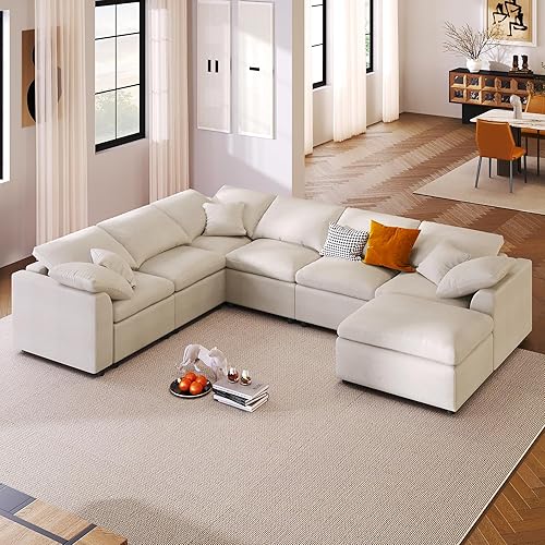 124.8" W Large Modular Sectional Sofa L Shaped Modern Couch with Ottoman, Deep Seat and Wide Chaise for Living Room, Beige