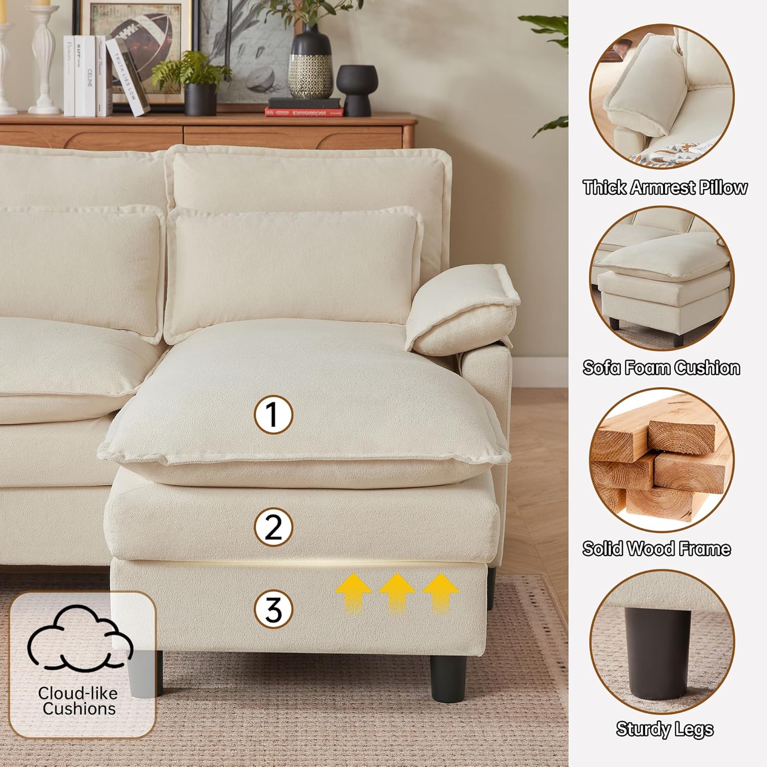Comfy Cloud Couch Sectional Sofa with Lumbar Pillows, 105" Modern U-Shaped Cloud Sofa with Double Chaise & Deep Seat, Sectional Couches for Living Room, Office, Easy Assembly, Beige