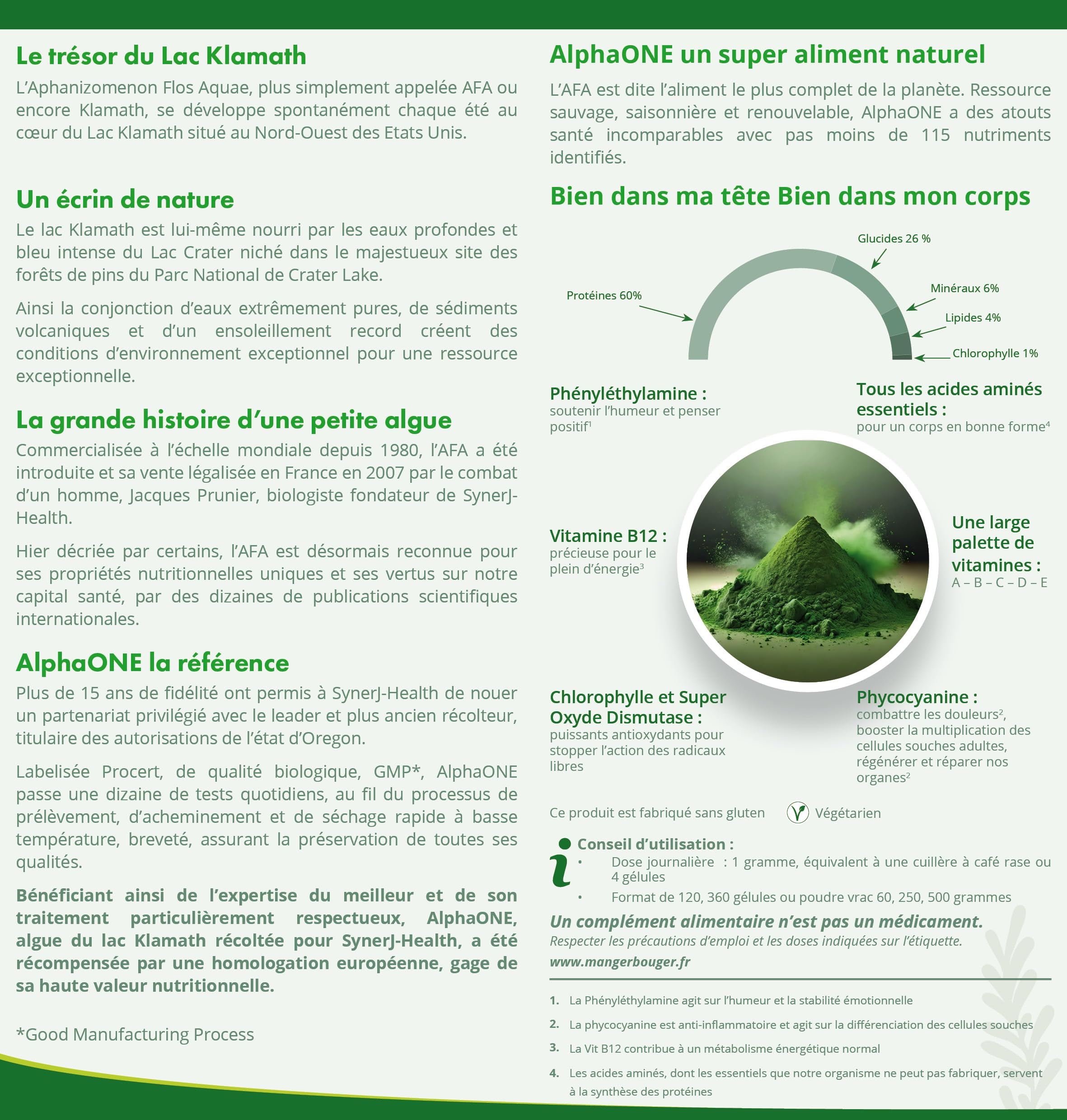 AlphaONE | Algue AFA Klamath 100% Pure | Vitalité, Humeur, Détox | Bioactive Dehydration® | SynerJ Health (90 gélules)