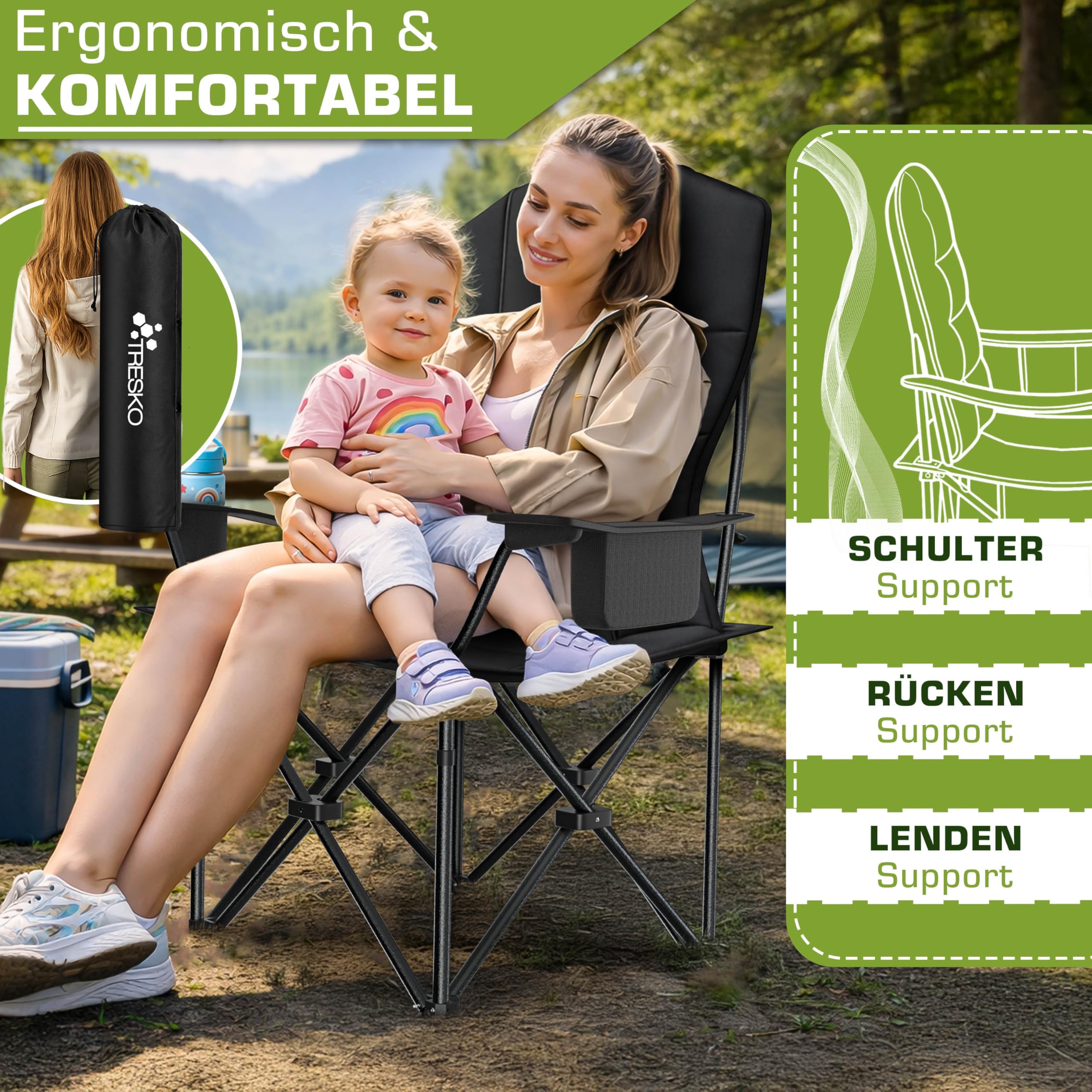 TRESKO® Campingstuhl Faltbar bis 200kg | Faltstuhl mit Kühltasche, Getränkehalter & Seitentasche | Klappstuhl XXL inkl. Tragetasche | Angelstuhl gepolstert für Outdoor, Angeln, Festival & Garten