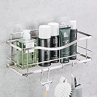 KINCMAX Rustproof Stainless Steel Shower Caddy - Self-Adhesive Organizer with 4 Hooks, No-Drill Bathroom Rack, Silver