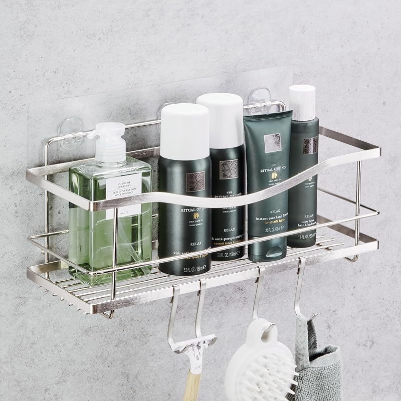 Premium Shower Caddy - Self Adhesive Shower Organizer with 4 Hooks, Rustproof Stainless Steel Shower Rack for Bathroom, Silver