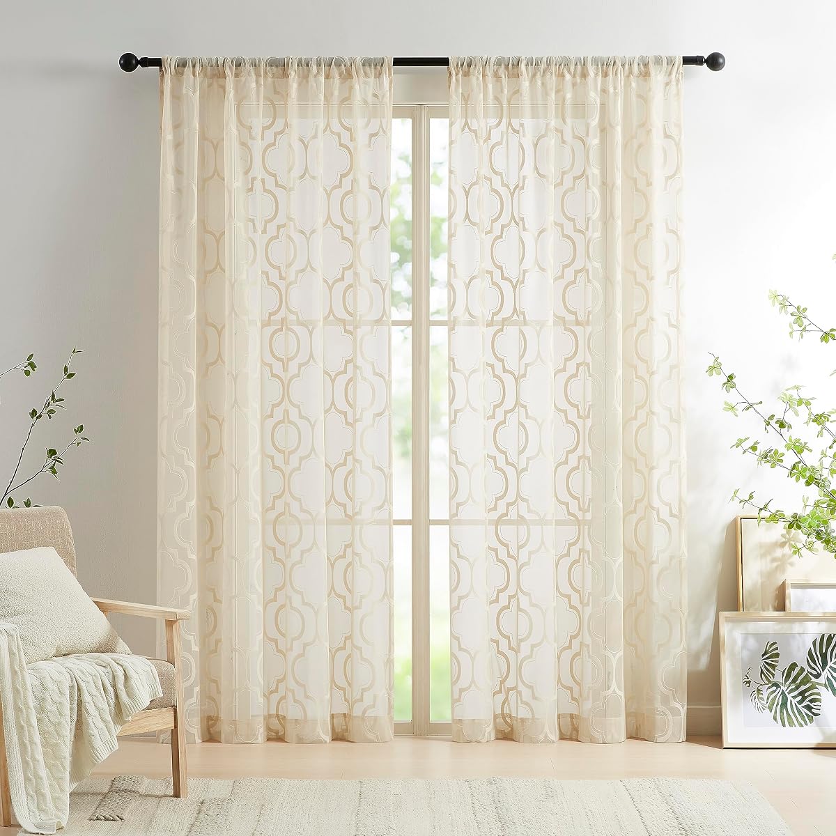 Beige Lace Sheer Curtains for Living Room Bedroom 63 inch Length Geometric Window Treatment Sets Moroccan Contemporary Trellis Light Filtering Privacy Sheer Window Drapes 52" w x 2 Panels Rod Pocket