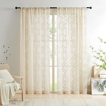 Geo Modern Lace Sheer Beige Window Curtains 95 inch Long Moroccan Trellis Light Filtering Window Treatment Sets Bedroom Living Room Curtain Drapes for Basement Laundry Room, Rod Pocket 52" W 2 Panels