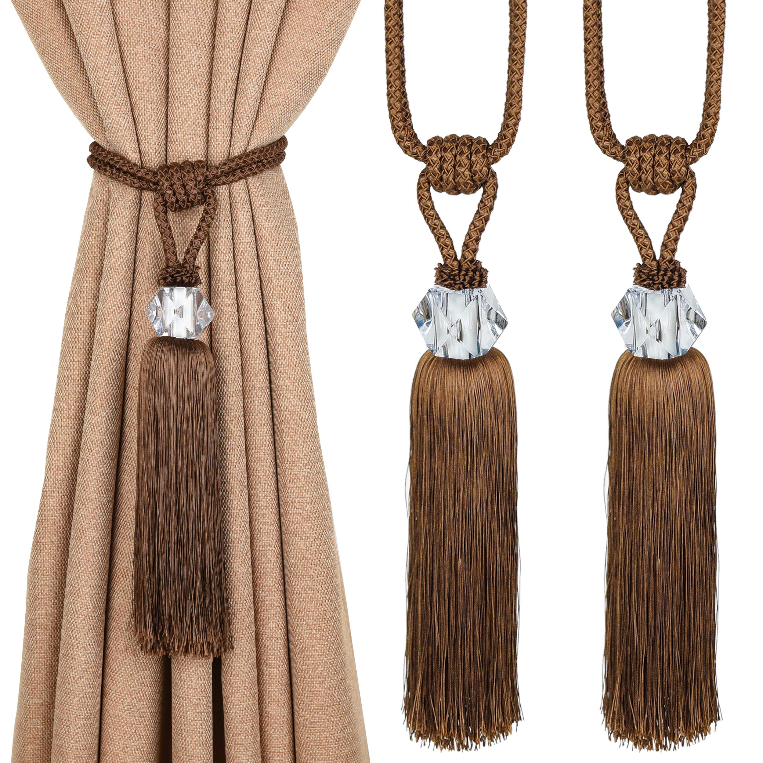 UNI AISENG 2 PCS Curtain Tiebacks, Hand-Woven Curtain Tie-Backs Tassel, Luxury Elegant Crystal Diamonds Design Curtain Holdbacks for Home Office Decor-Dark Coffee
