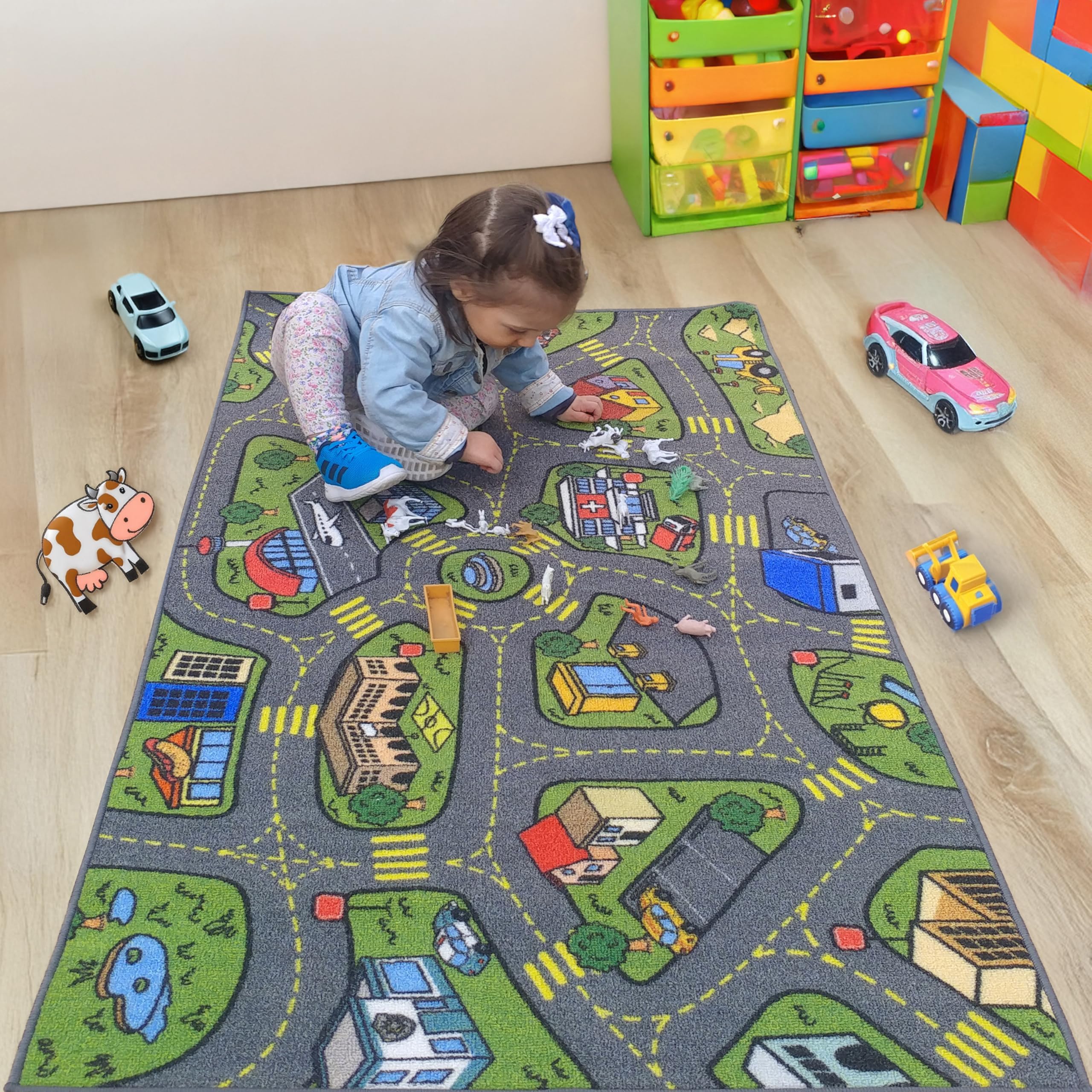 Retro City Car Road Map Educational Learning & Game Area Rug Carpet for Kids and Children Bedrooms and Playroom 31" X 60"OEKO-TEX STANDARD 100
