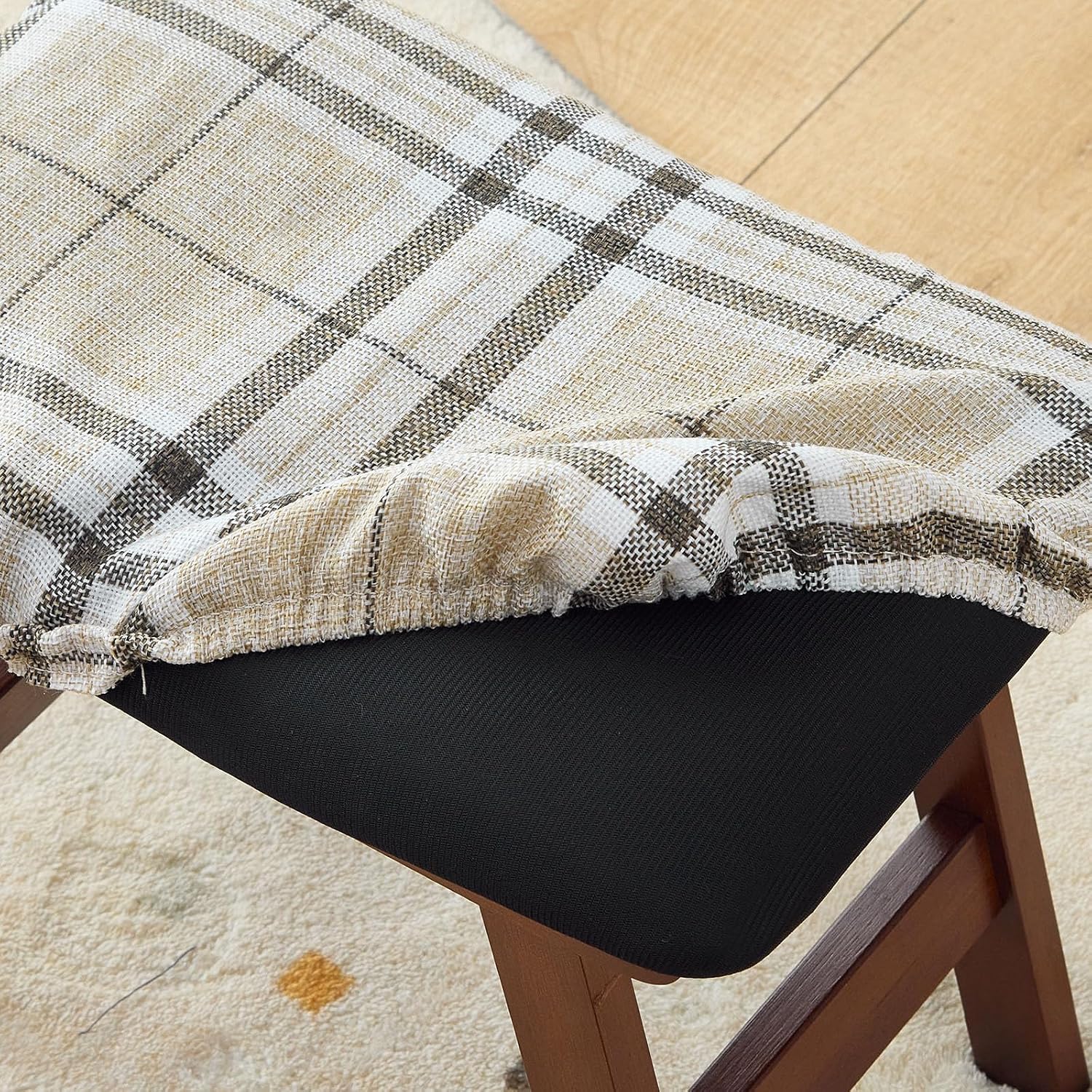 Foot Stool,Under Desk Foot Rest Ottoman, Washable Stool for Office, Living Room, Bedroom (Brown Legs-Stripes Stool Seat)