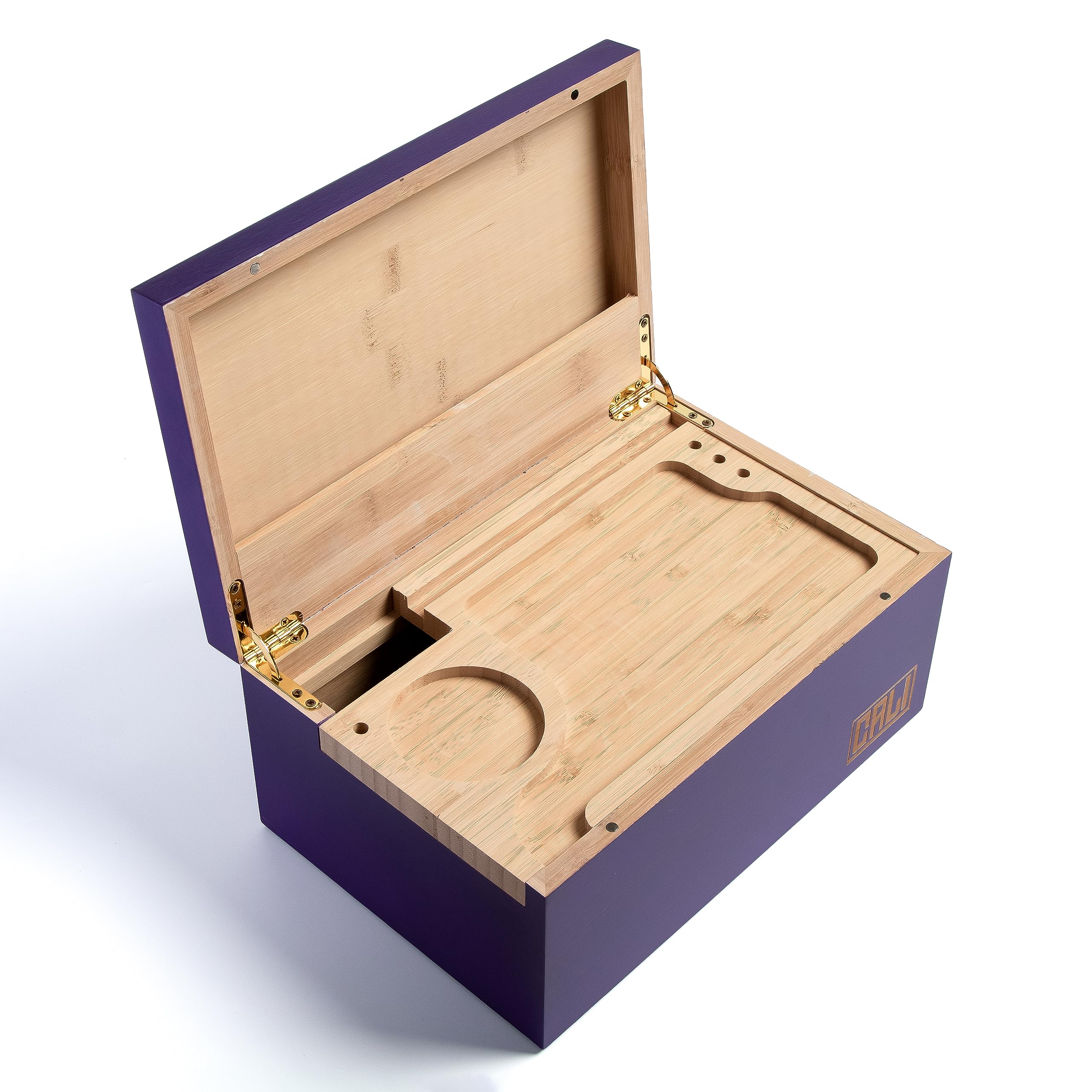 Cali Purple Large Stash Box Smoking Accessories Storage - 100% Natural Bamboo - With Sliding Rolling Tray - Width 10.5” X Height 5” X Depth 7” 27Cm X 13Cm X 18Cm (Purple)
