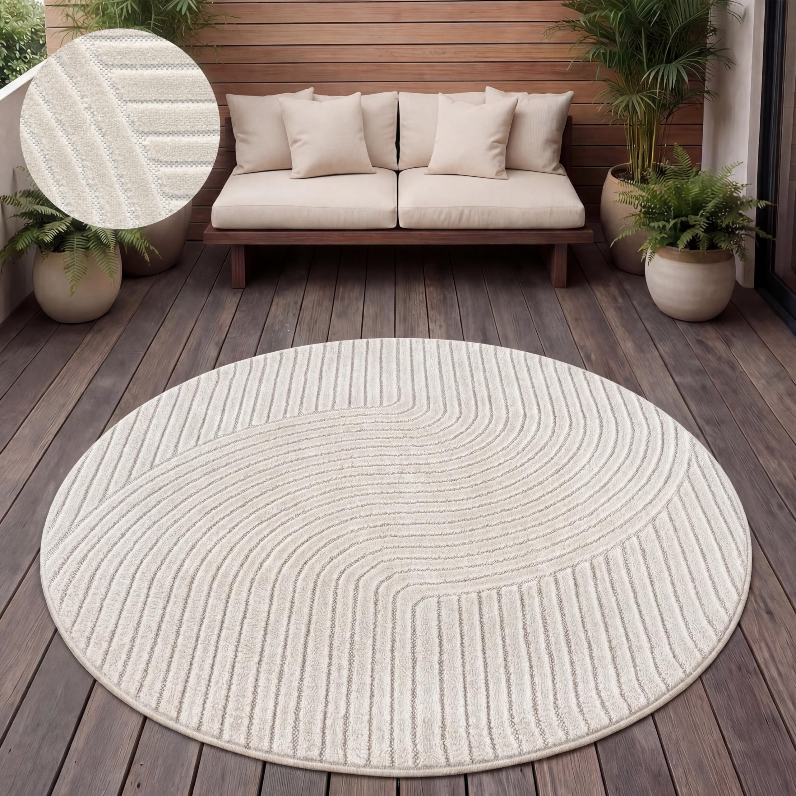 Paco Home Teppich Outdoor Wetterfest, Moderne abstrakte Boho Designs mit 3D Struktur, Pflegeleicht, ideal für Terrasse Wohnzimmer & Küche, Grösse:200 cm Rund, Farbe:Creme 2