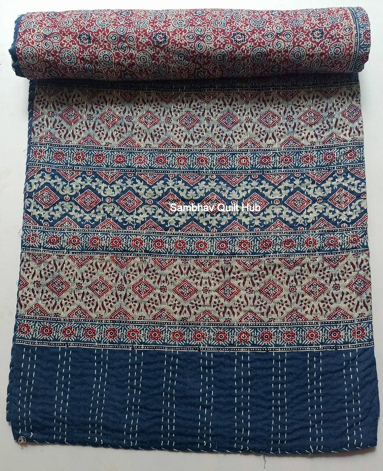 Red Blue Ajrakh Hippie Queen Kantha Quilt Handmade Bohemain Bedspread King Size Vegetable Dye Kantha Blanket Bedcover Boho Quilting Indigo Print Ajrakh Cotton Kantha Quilt 90X108 inch