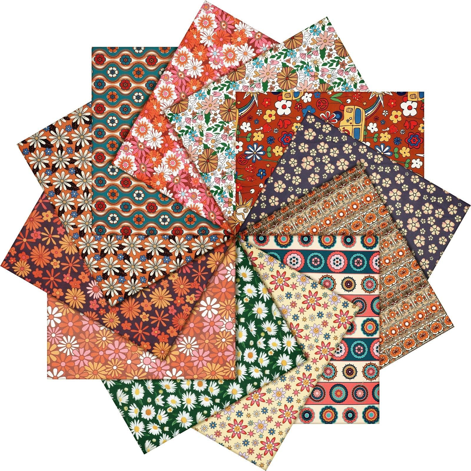 12 Pcs Vintage Fabric Retro Floral Fat Quarters Squares Fabric 18 x 22 Inch Flower Pattern Patchwork Bundles Material for Sewing Craft and Hobby Patchwork Squares for DIY