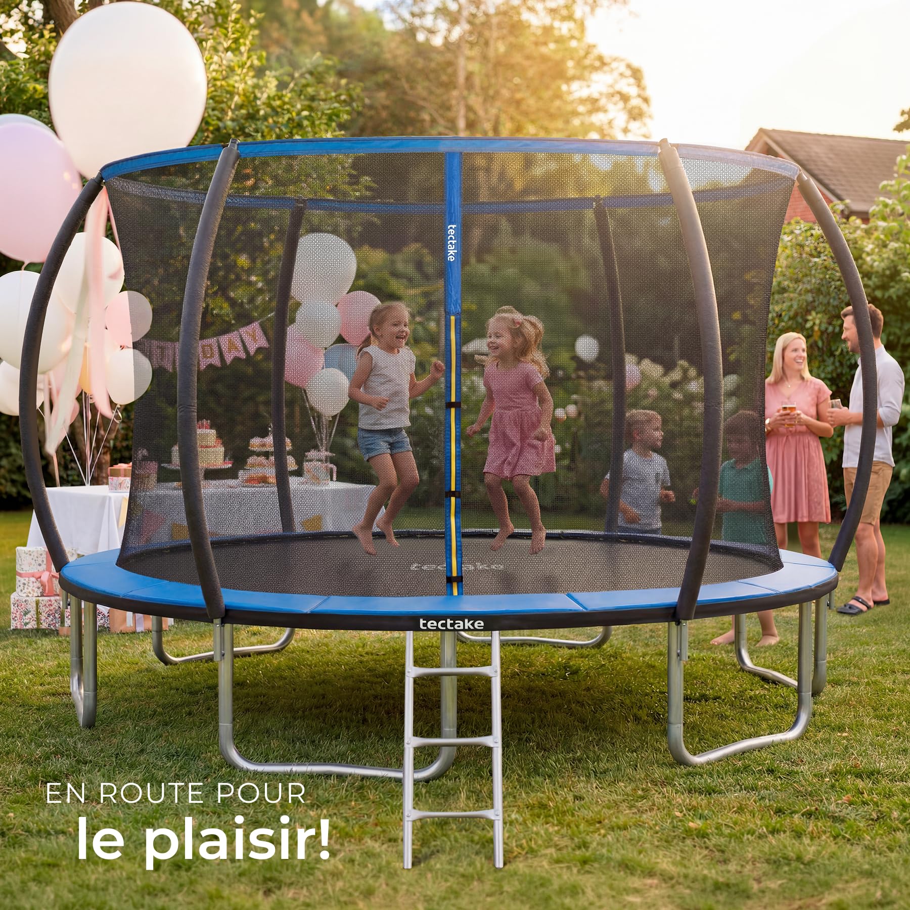 tectake® Trampoline, Trampoline de Jardin, Ø 244/305/366 cm, Certifié GS, Équipement Sportif pour Entraînement, Endurance et l'Équilibre, Filet de sécurité pour Enfants, Échelle, Bordure rembourrée