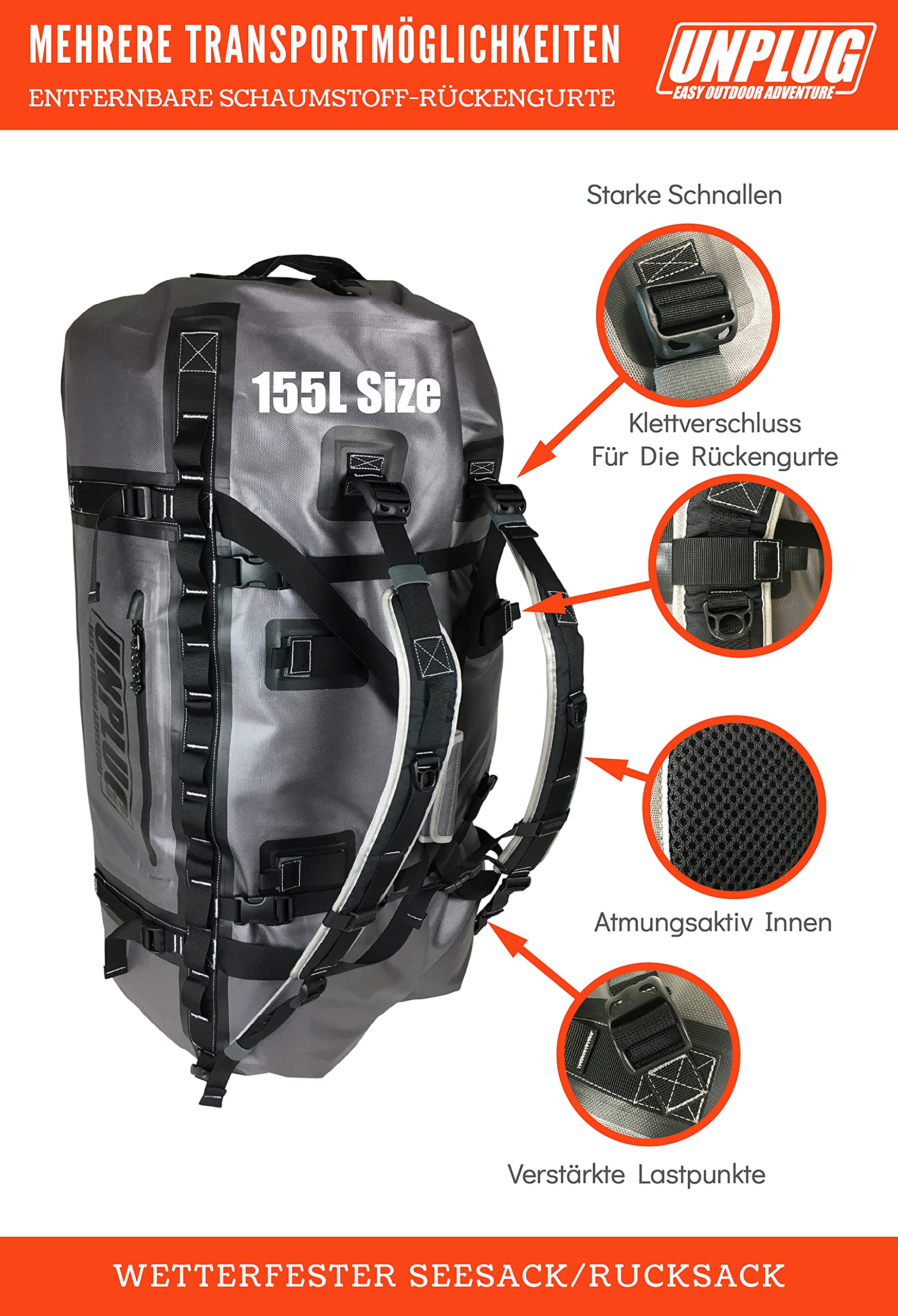 Unplug Ultimate Adventure Bag | 1680D strapazierfähige wasserdichte Seesack | wasserdichte Seesack für Camping, Motorrad, Trockentasche, Jagdtasche, Abenteuer-Sporttasche, wasserdichte Tasche