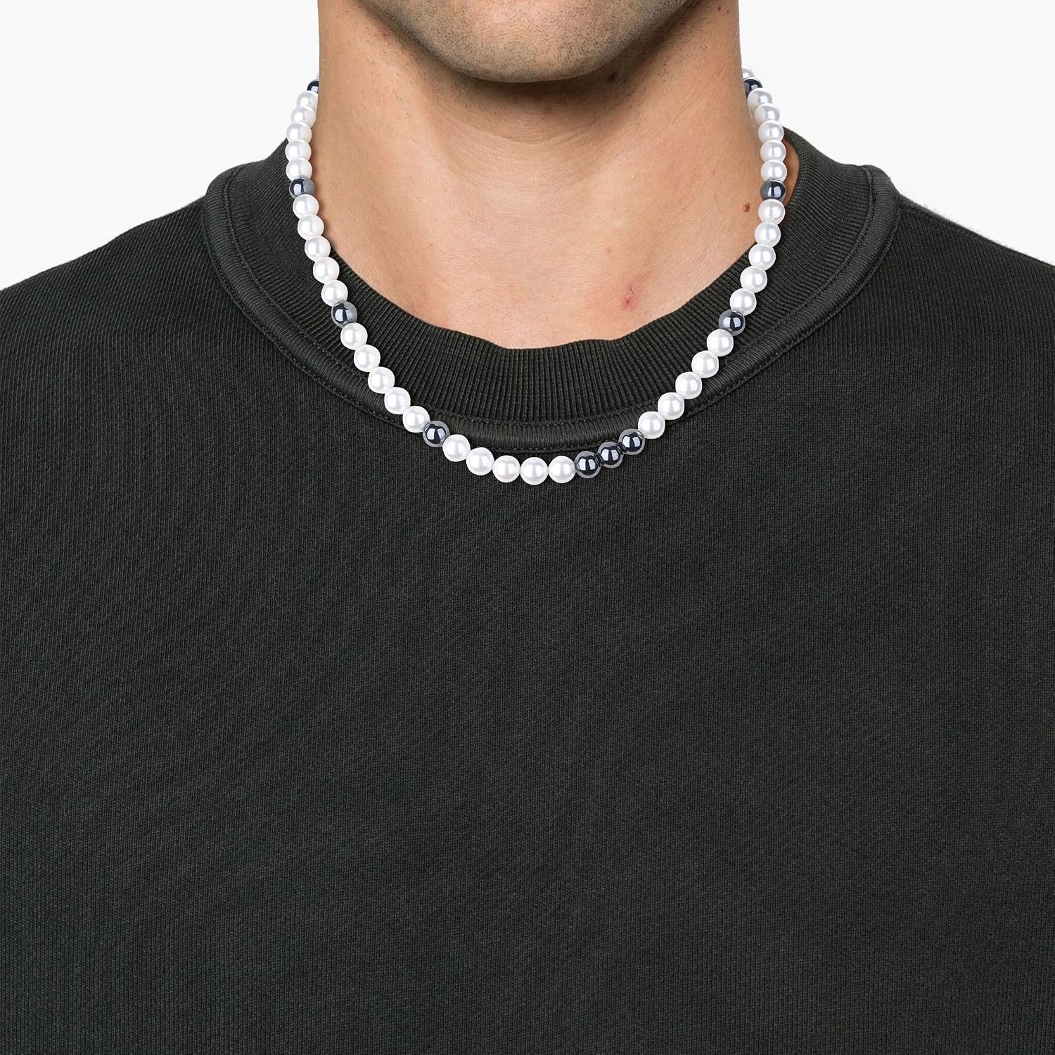 GAVU Men's Pearl Necklace, Pearl Jewelry Crystal Beaded Necklace for Men 20"/22"/24"/26"
