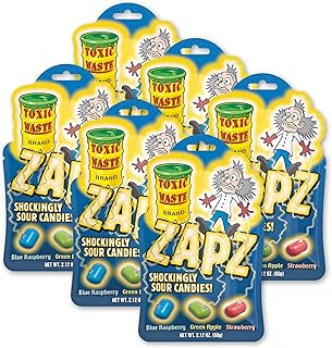 Toxic Waste Zapz Sour Candy – Crunchy Outside, Chewy Center – Blue Raspberry, Green Apple & Strawberry – Extreme Sour Hard Candy for Kids & Adults – Fun Novelty Candy Treat - 2.12oz Bag - 6 Pack