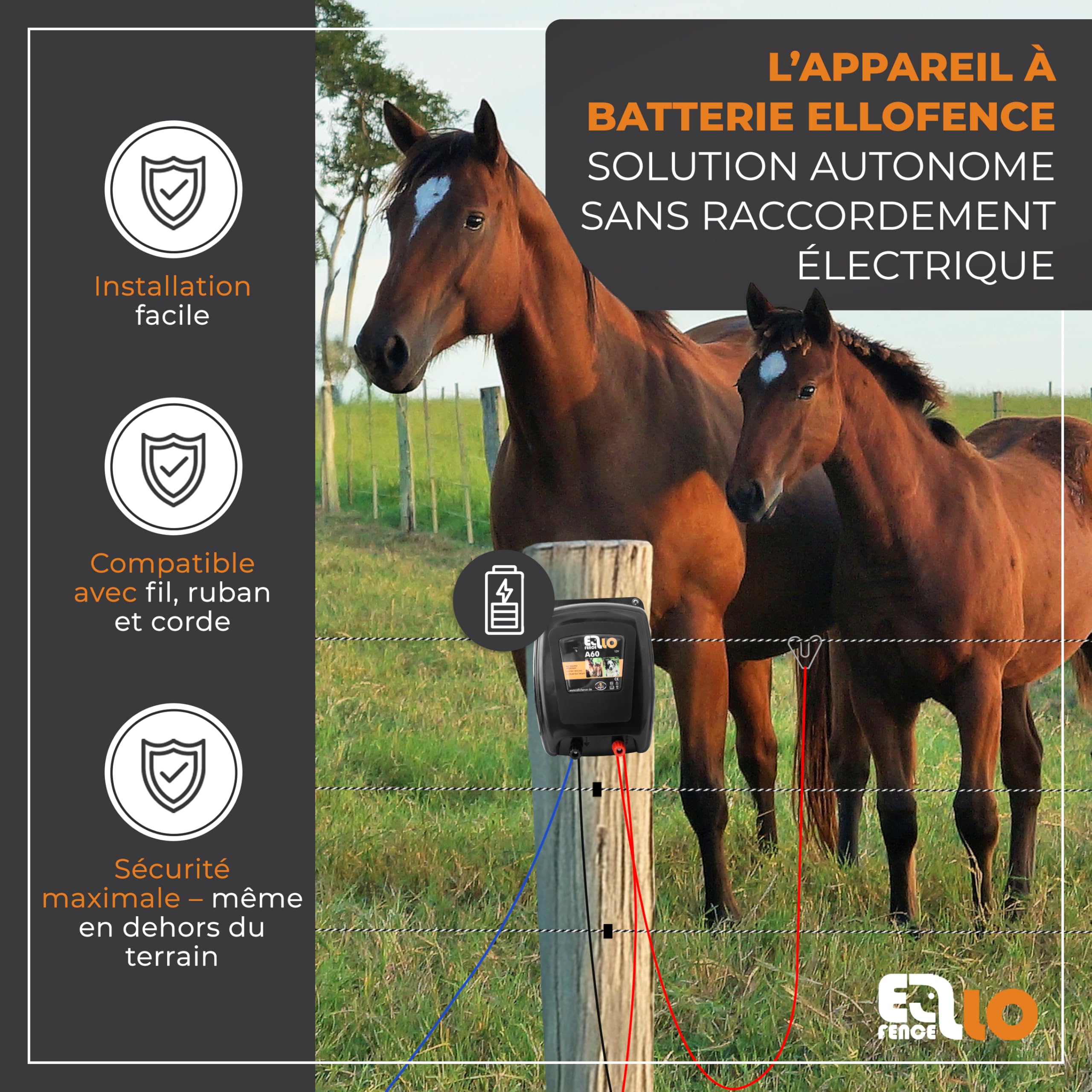 Électrificateur clôture électrique 12 V batterie (A60) – Silencieux & puissant – Appareil premium robuste pour pâturage – Idéal chevaux