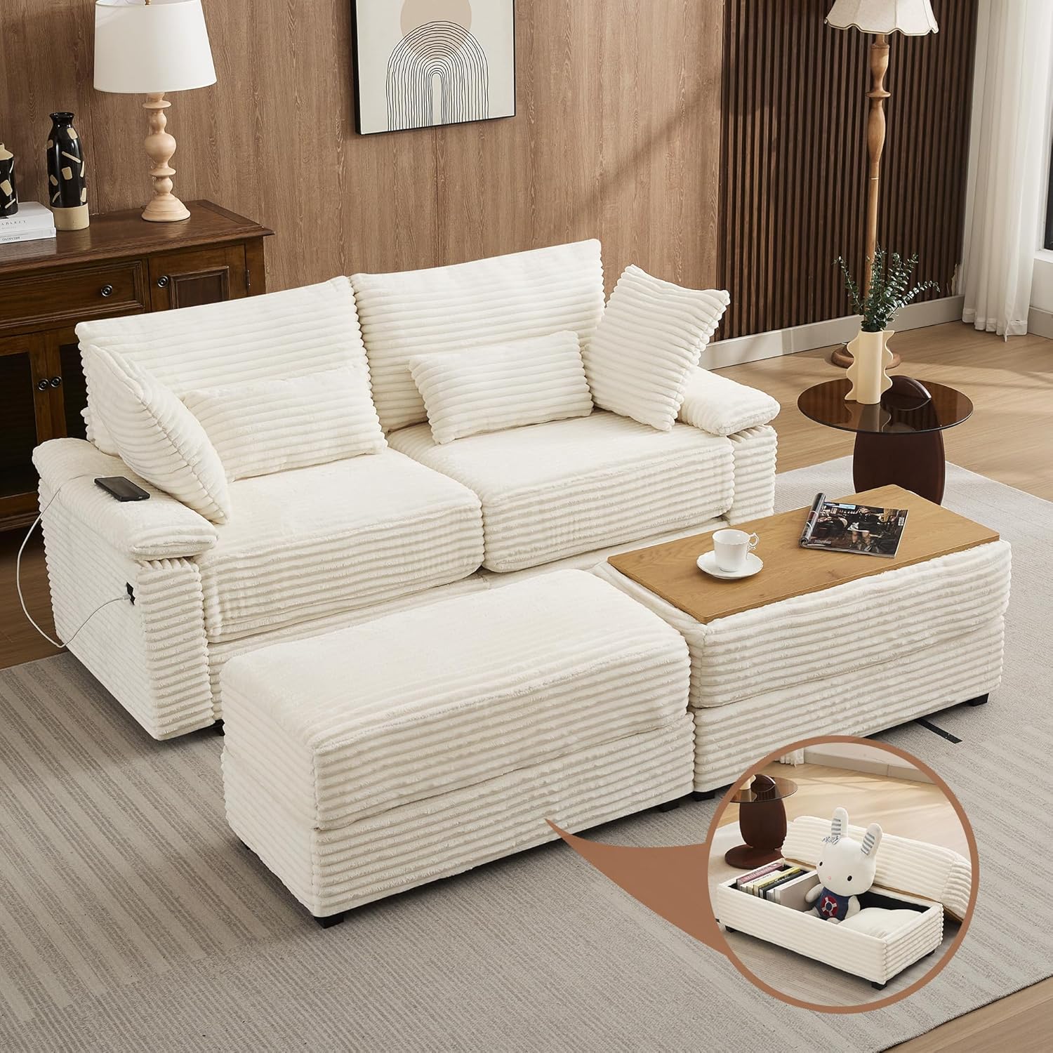 75" Corduroy Loveseat with Storage Ottoman, Cloud Deep Seat Couch with Convertible Ottoman Coffee Table & USB, Double Chaise Lounge for Living Room, Beige