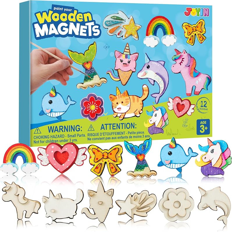 JOYIN 12 imanes de madera de fantasía, pintura de unicornio para niños, actividades de primavera y días lluviosos, proyectos de arte escolar, juguetes para niños a partir de 3 años, cumpleaños, Pascua