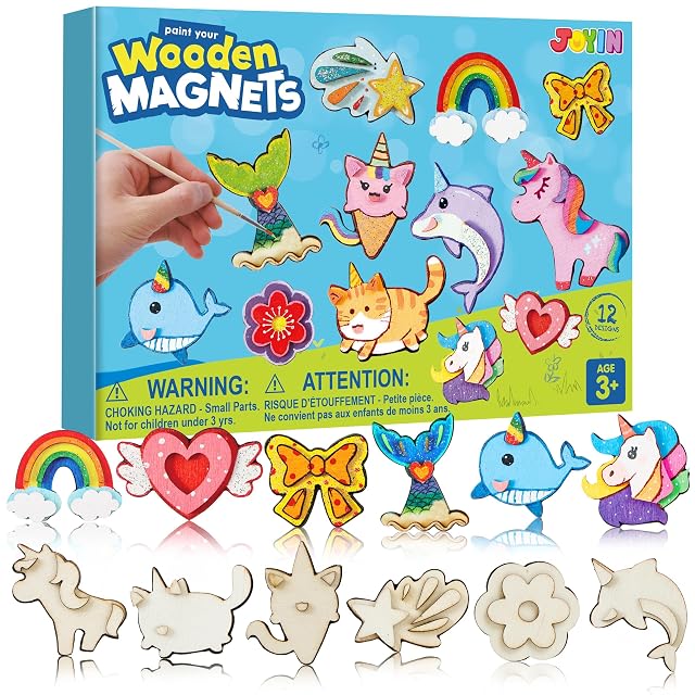 JOYIN Juego de imanes de madera de fantasía de 12 piezas, juego de manualidades para niños de 3 a 12 años, juego de pintura con imanes de madera para pintar, regalos de cumpleaños