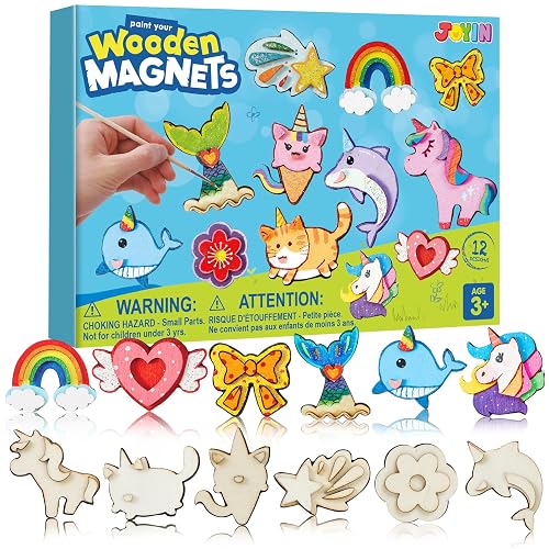 JOYIN 12 pcs Fantasy Wooden Magnets, Kids Unicorn Painting Craft, Spring and Rainy Day Activities School Art Projects, Toys for Kids Aged 3+ Birthday Easter