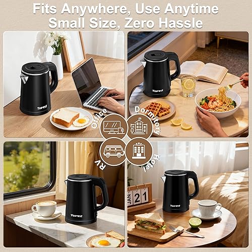 Miniatura 3 de Hervidor eléctrico pequeño de 0.8 L, hervidor de viaje portátil de acero inoxidable – 800 W de ebullición rápida, apagado automático y protección de