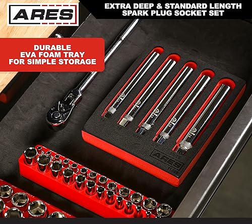 Miniatura 5 de ARES 11026-Juego de 5 llaves de bujía extra profundas, 38 pulgadas, 6 pulgadas de longitud, enchufes de 6 puntos y 12 puntos, incluye bandeja de