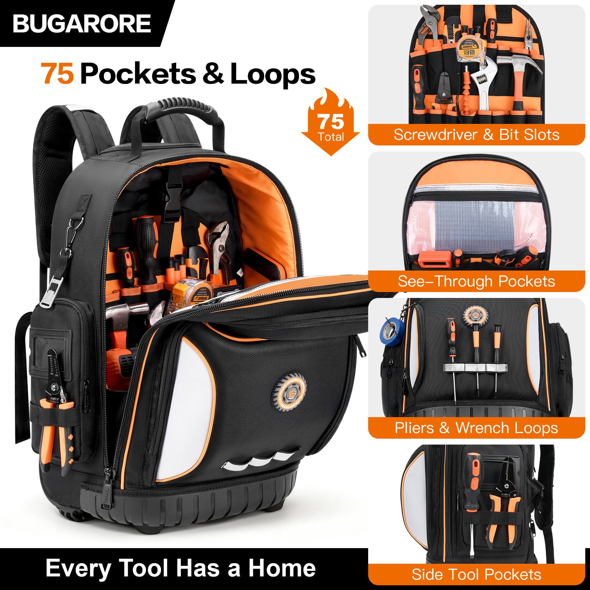 Mochila de herramientas con rueda, mochila de herramientas rodante para electricista, bolsa de herramientas resistente con ruedas para trabajos de construcción, 75 bolsillos y bucles, mochila de