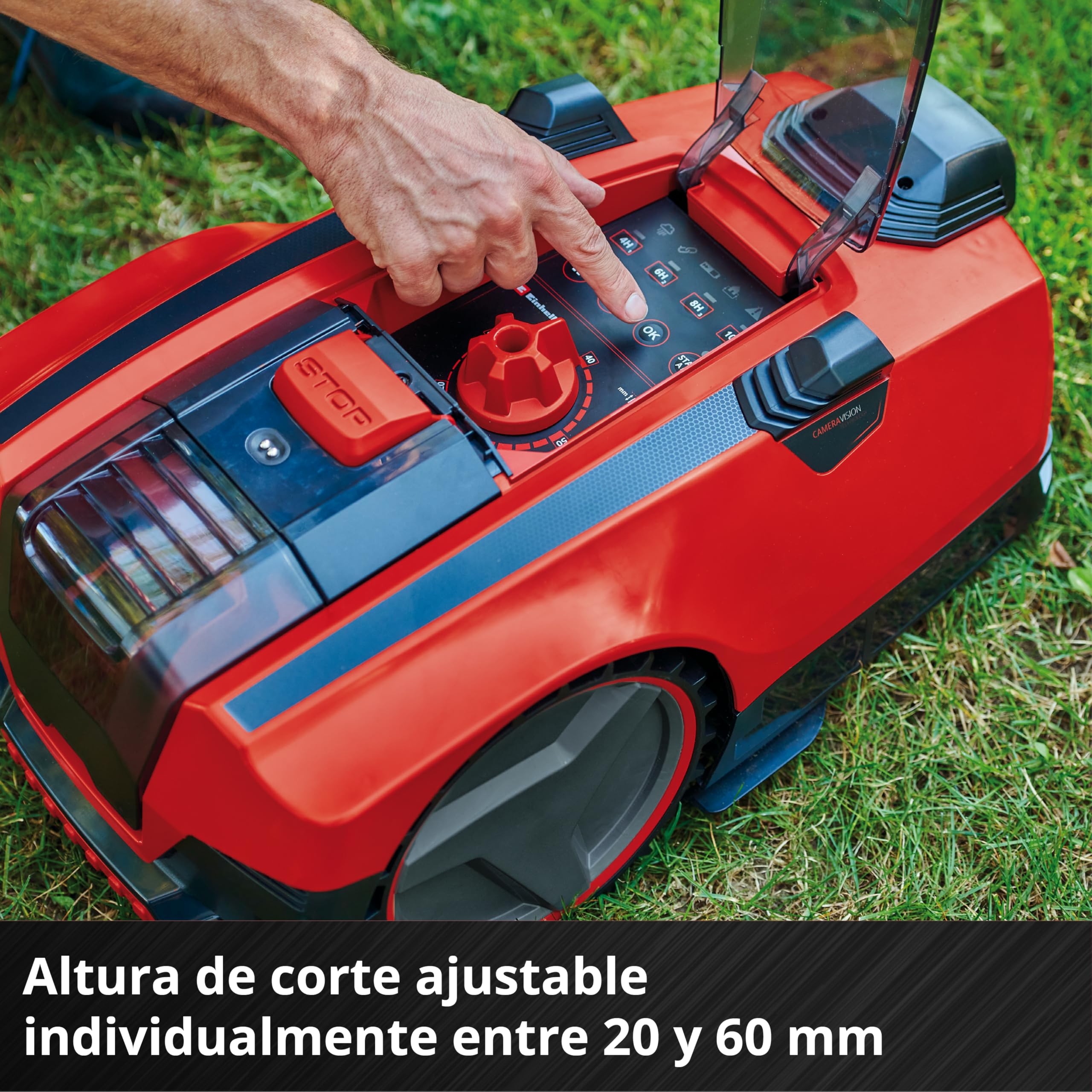 Einhell Robot cortacésped FREELEXO CAM 500 Power X-Change (18V, cámara vs Alambre de delimitación, Superficies de césped de 500m2, Pendiente hasta 25%, Ancho de Corte 18cm, protección antirrobos)