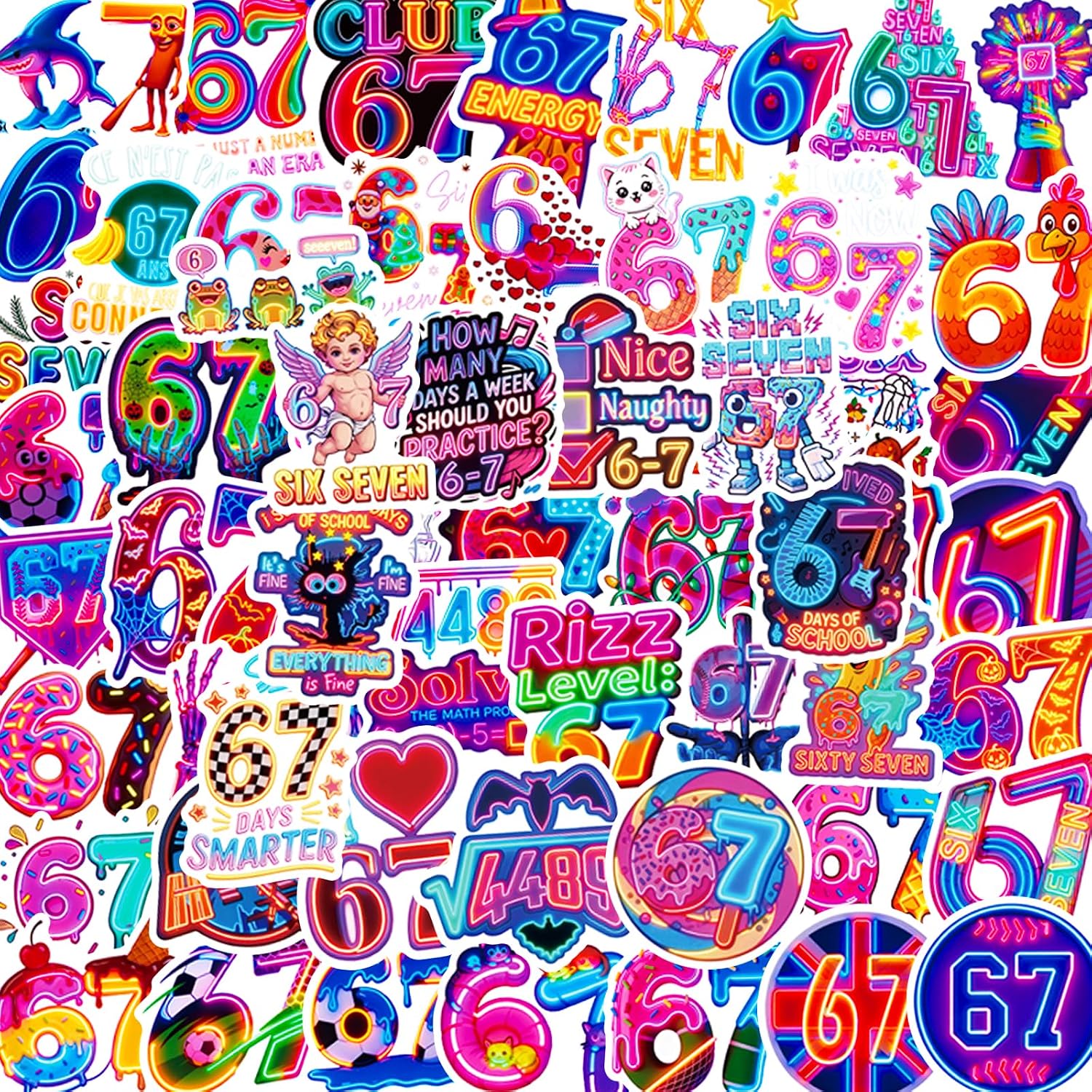 60 PCS Neon Six Seven Meme Stickers Pack, Funny 6 7 Stickers Waterproof Vinyl Decals for Laptop Water Bottles Phone Luggage Car, Party Decor - Fun Viral Meme Gifts for Teens & Adults