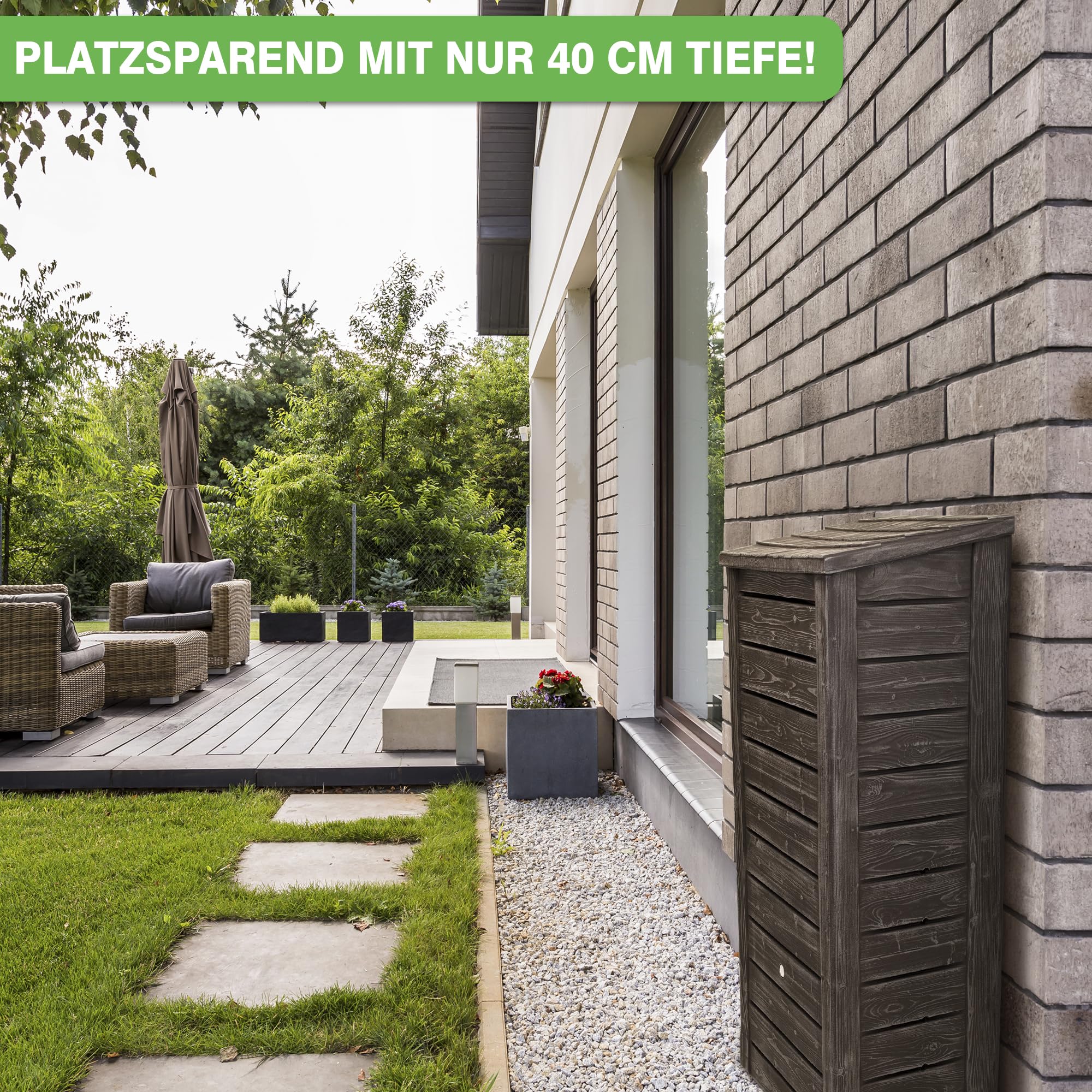 YourCasa Regentonne 230 Liter [Slimline Nordic] Eckig und Schmal in Holzoptik mit Metallgewinde - Regenfass Frostsicher aus Kunststoff - Regenwassertonne - Regenwassertank Garten Holzfass Zisterne