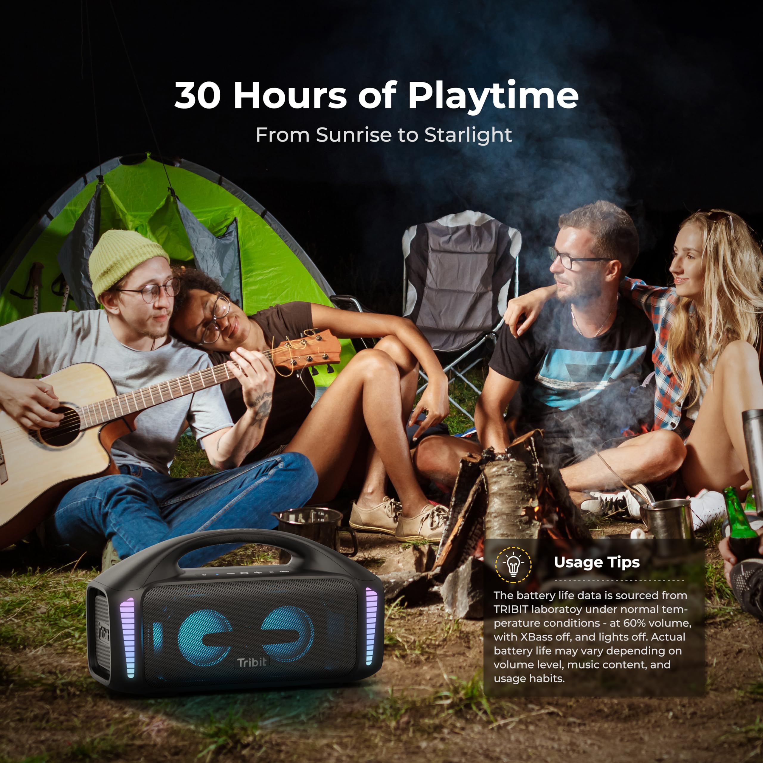 Tribit StormBox Blast Enceinte Bluetooth Puissante, 90 W | XBass, 30 h d'autonomie, IPX7 étanche, Bluetooth 5.3, EQ personnalisé, lumières LED, appairage TWS, camping, plein air, plage