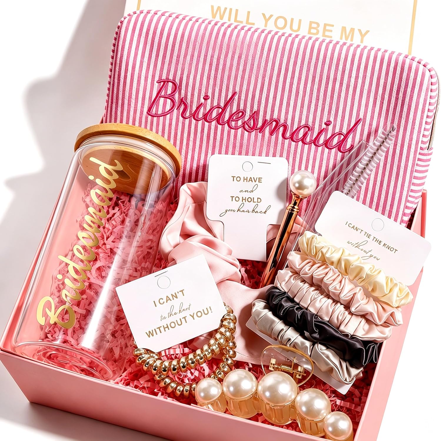 Bridesmaid Proposal Gift Box, Will You Be My Bridesmaid Gift Set with Glass Cup, Makeup Bag, Satin Scrunchies, Hair Claw Clip, Pen, Bridal Party Gifts for Women