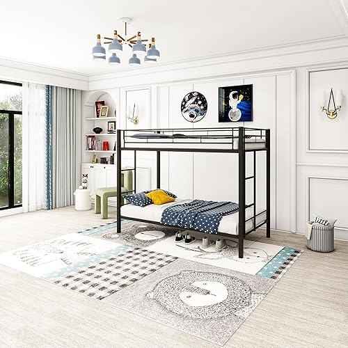 Miniatura 8 de Marco de cama de metal para cama individual sobre individual con listones, escalera y barandilla que ahorra espacio, marco de cama de tamaño