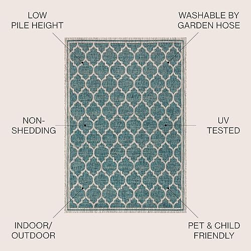 Miniatura 2 de Alfombra tejida con textura y patrón enrejado en S marroquí en forma de trébol JONATHAN Y, para interioresexteriores, turquesagris, 5 x 8 pies