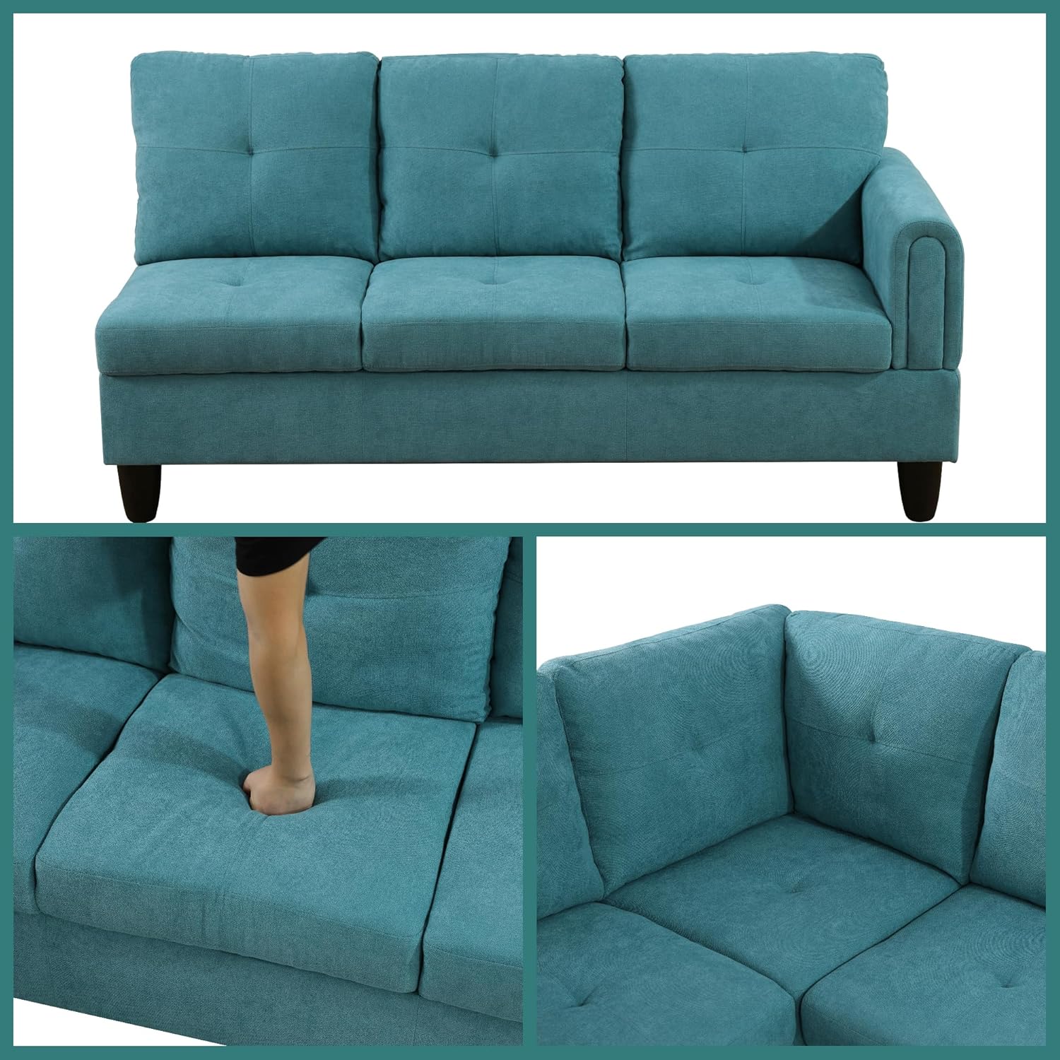 L Shaped Couch Sectional Couches with Chaise and Storage Ottoman, 3 Pieces Modular Convertible Sofa for Living Room Furniture Sets and Small Apartment, Teal Blue