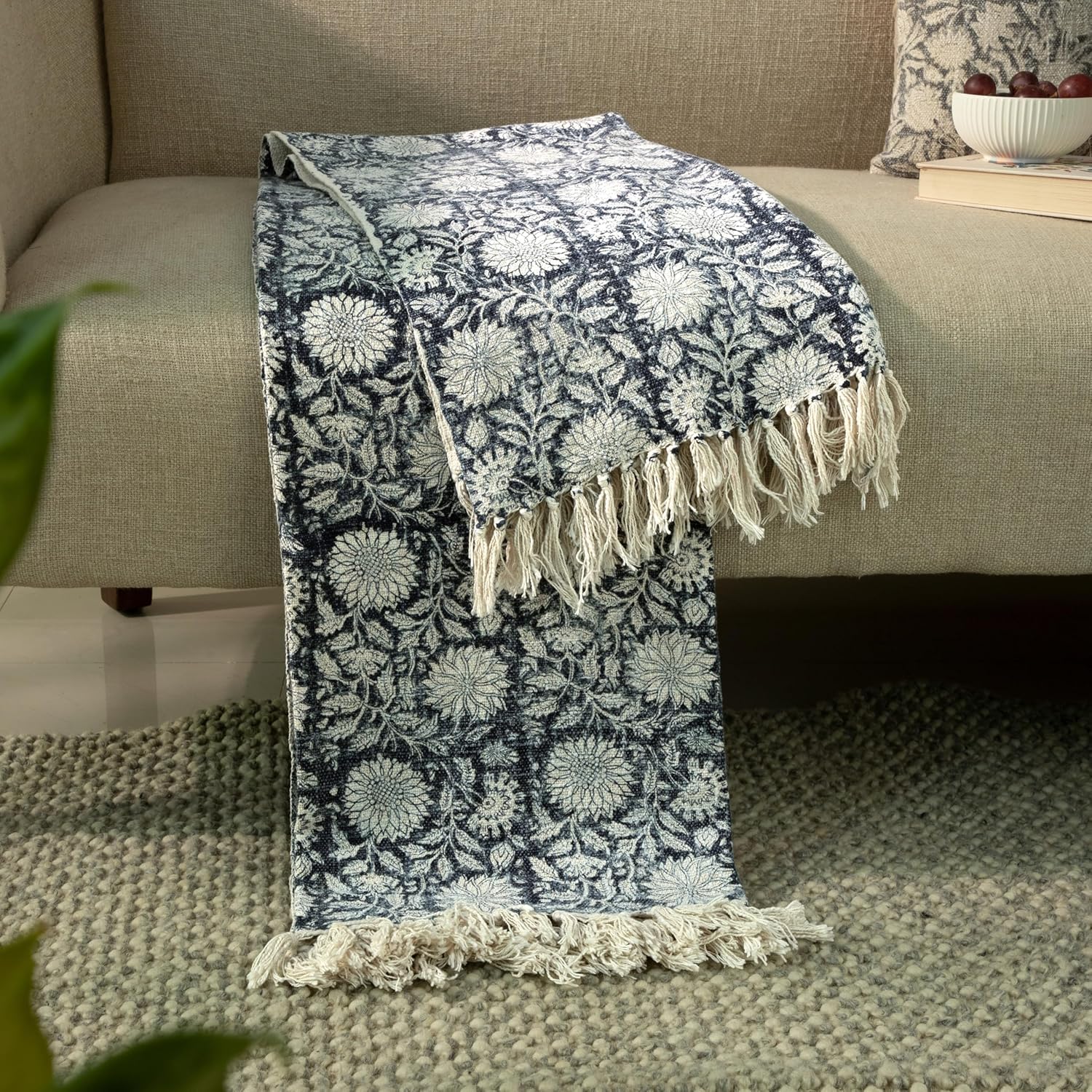 100% Pure Cotton Handblock Printed Throw Blanket, Soft 50" x 60" Fringed Floral Print Throw for Couch, Sofa, Chair, Bed - Cozy, Machine Washable, Comfortable Home Decor