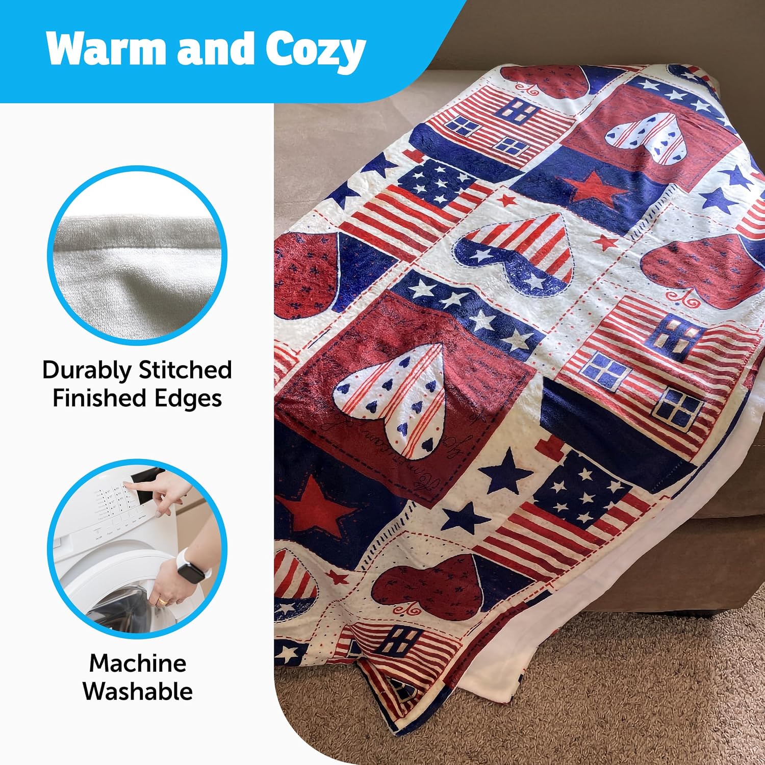 YourFleece Plush Throw Blanket, Super Soft, Cozy, Thick, Warm and Lightweight for Sofa, Couch, Living Room, Bed, Double Layer Minky Plush Lining, 50x60 Inches, American Patchwork Multi