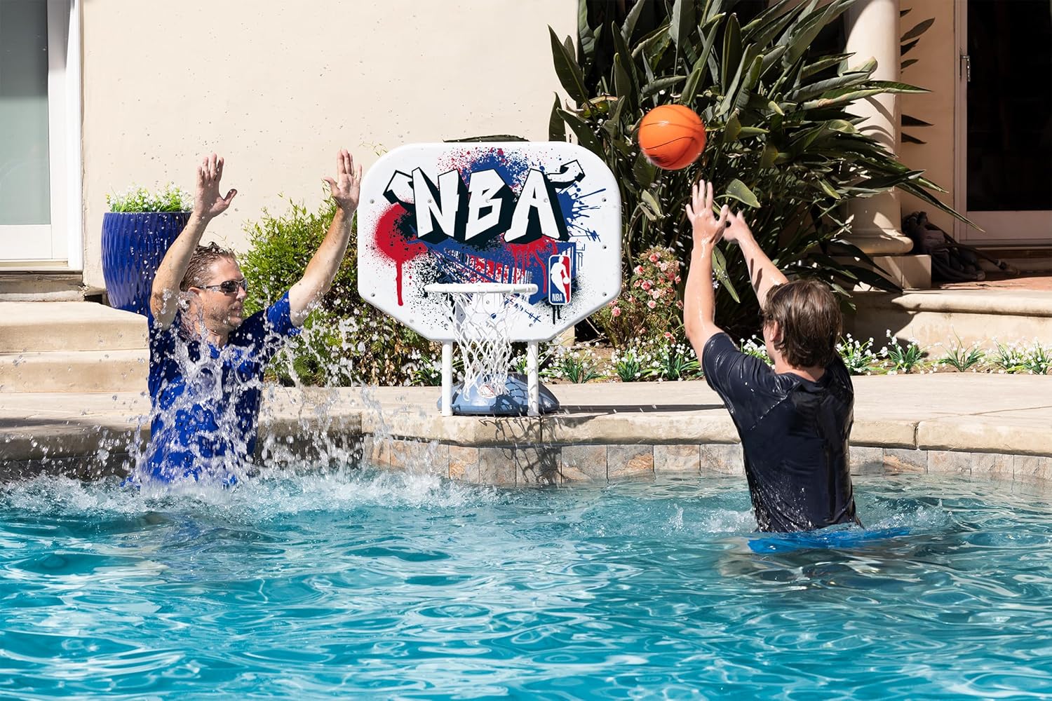 Poolmaster NBA Graffiti Pro Rebounder Poolside Basketball Goal Set with Base, Backboard, Hoop, Net, and Ball