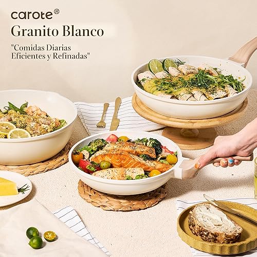 Vista 9 de CAROTE Juego de 21 ollas y sartenes, juegos de utensilios de cocina antiadherentes, utensilios de cocina de inducción de granito blanco, juego