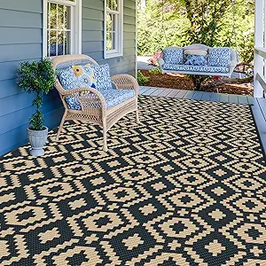 Outdoor Rug, 9x12ft Plastic Straw Reversible Mats, Area Rug Decor, Waterproof, Portable, Camping Mat and for Indoor, Outdoors, RV, Patio, Picnic, Beach, Camping, Brown Black