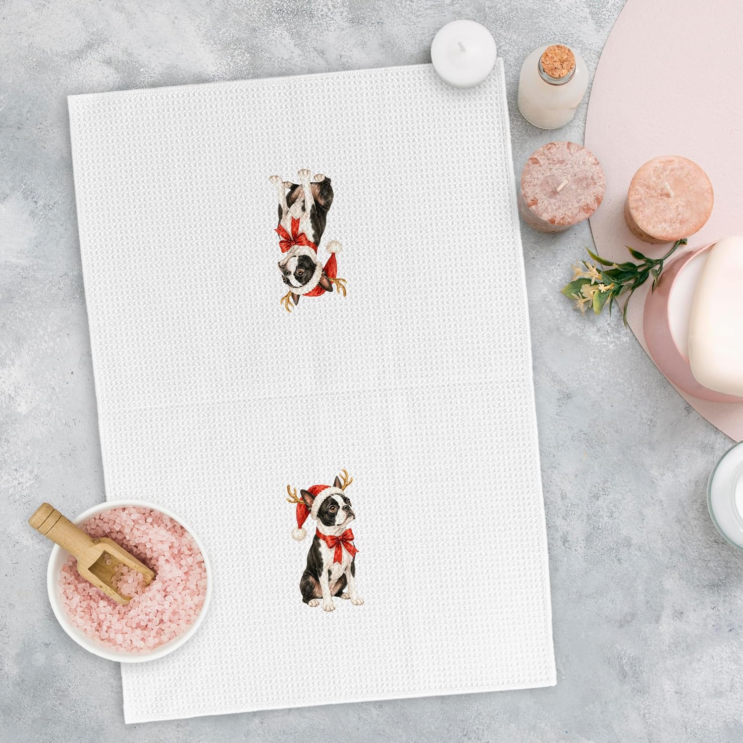 Winter Christmas Boston Terrier Kitchen Dish Towels, Boston Terrier Gifts for Women Men, Retro Funny Xmas Hat Red Bow Dog Hand Towels for Bathroom Kitchen Decor, Dog Lover Gifts, 16x24 Inches image 2