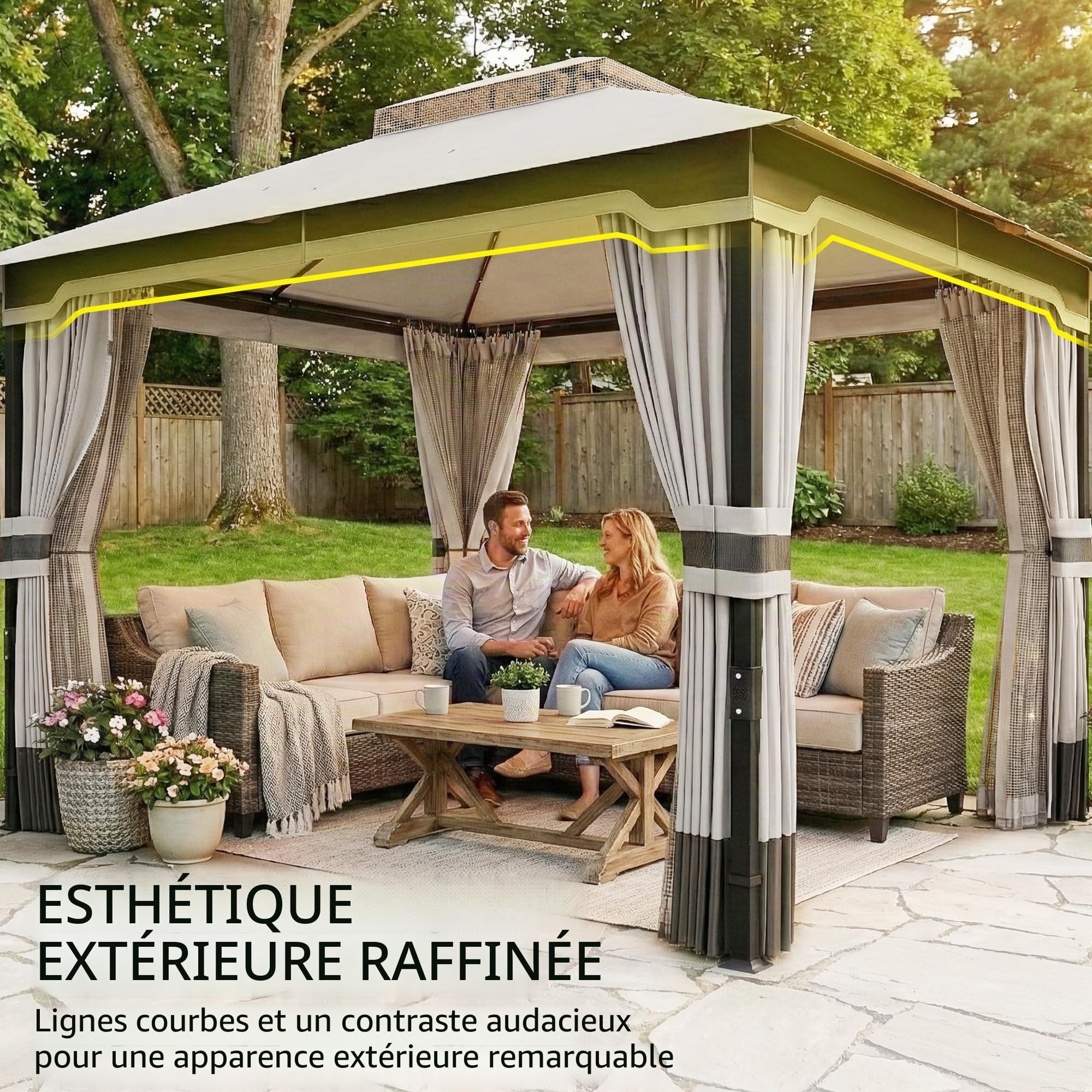 Outsunny Tonnelle de jardin 3x3,6 m, Pavillon de jardin Gazebo avec double toit, 4 parois latérales et moustiquaire, structure métallique, drainage, tente pour extérieur, terrasse, patio, gris clair