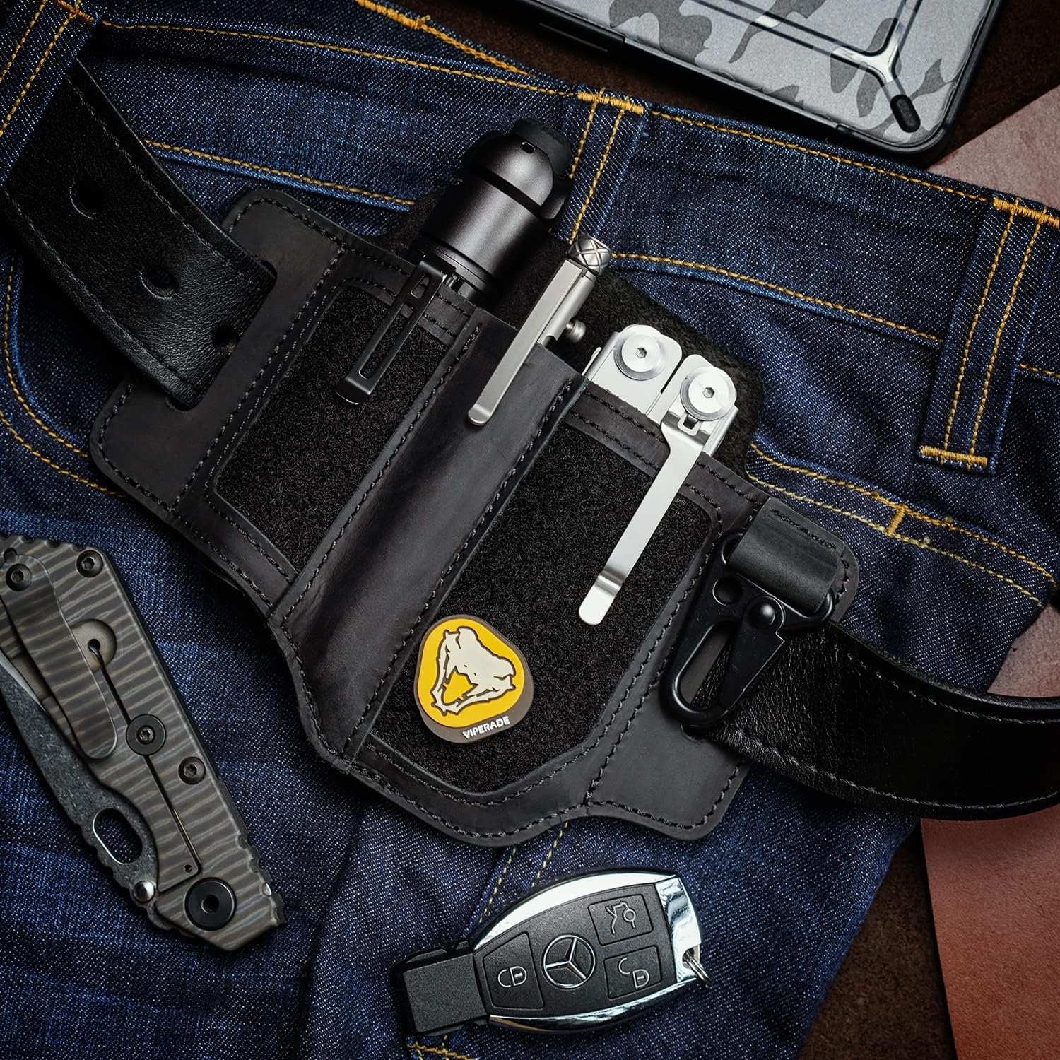 VIPERADE Leather Sheath for Belt, Tool & Knife, Men's Multitool & Flashlight Holster EDC Pocket Organizer with Key Holder (Black-1)