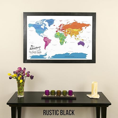 Vista 2 de Lienzo - Mapa de viaje personalizado con diseño colorido del mundo con marco negro rústico