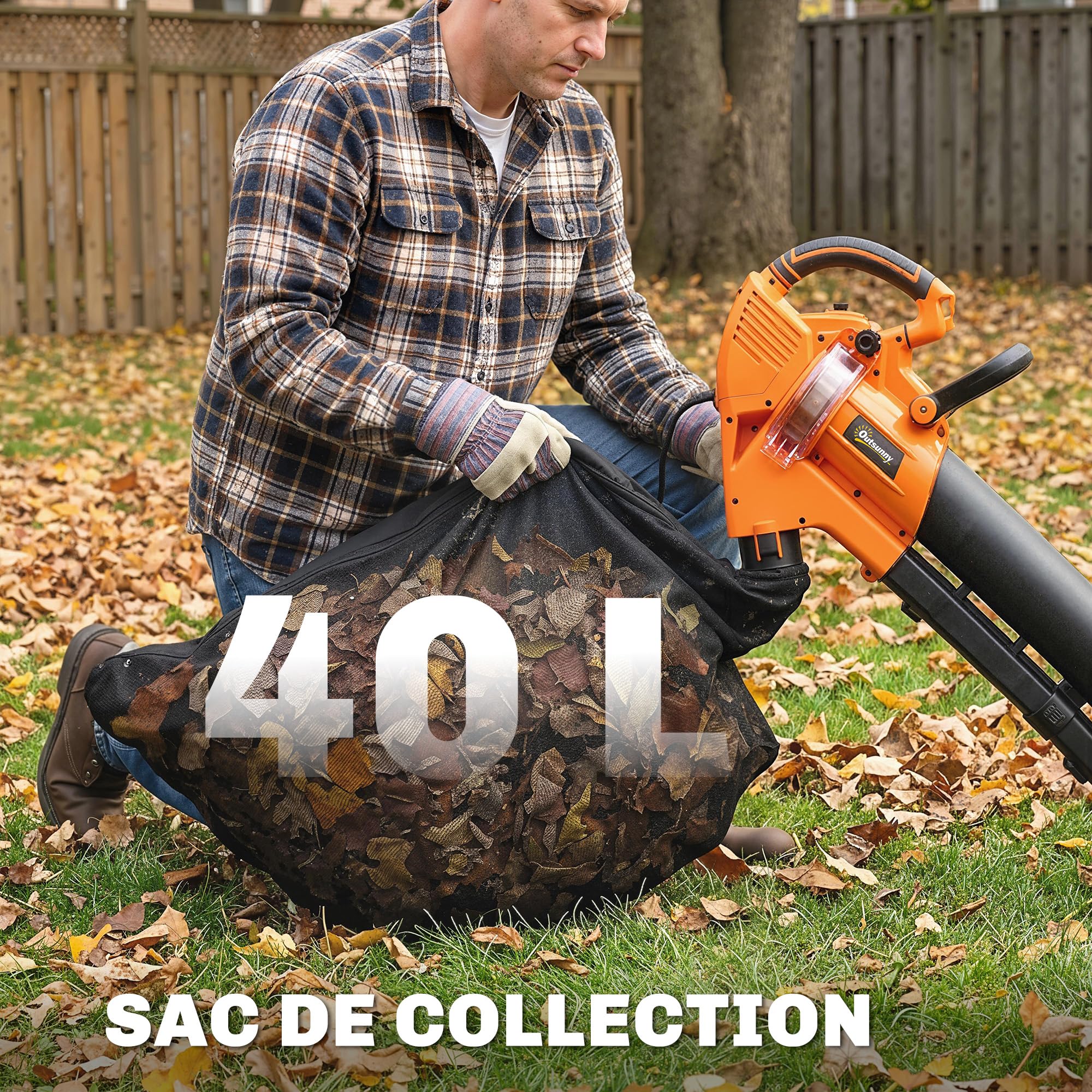 Outsunny Aspirateur-Souffleur de Feuilles Filaire 3000W 3-en-1 avec Fonction Broyage, Sac 40L